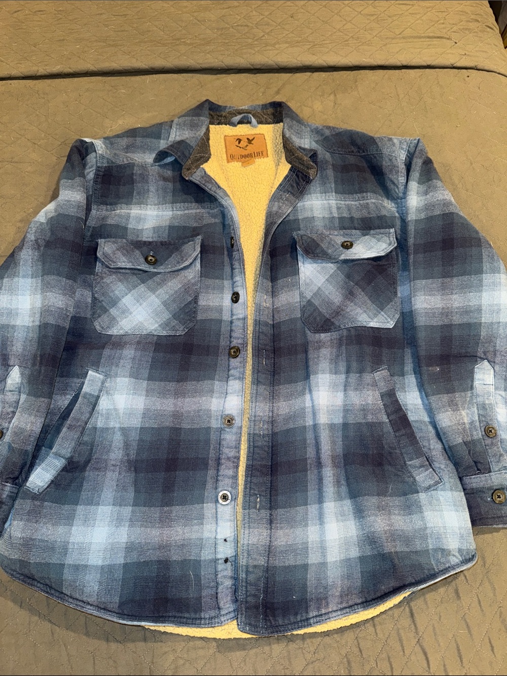 L Men Blue Plaid Sherpa-Lined Jacket